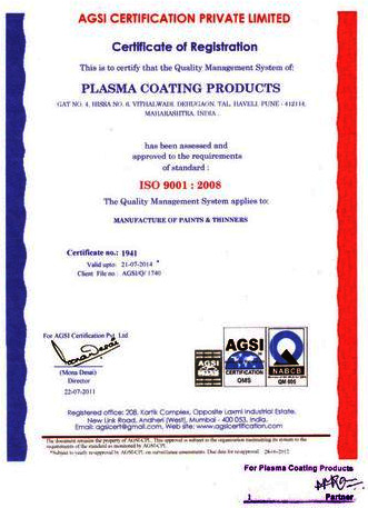 ISO Certificate : Plasma Coating Products  